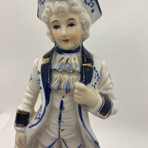 Vintage Porcelain Man Figurine in Blue and White Approximately 8” T